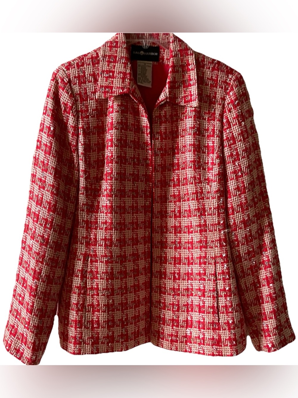Sag Harbor Red & Ivory Plaid Tweed Zip Front Blazer Jacket Blazer Size 10
